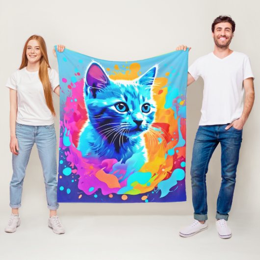 Blauwe Neon Cat in Splatter Fleece Deken (In situ)