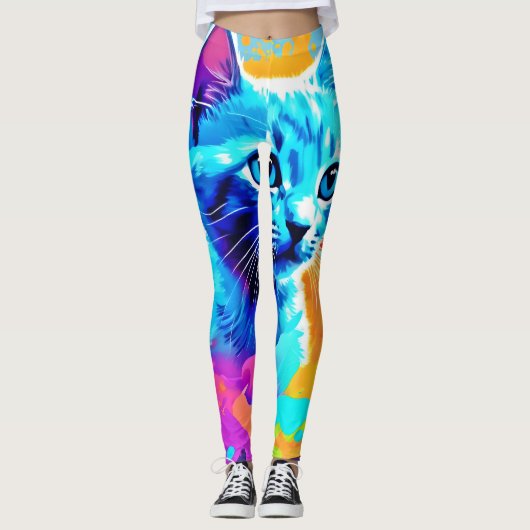 Blauwe Neon Cat in Splatter Leggings (Voorkant)