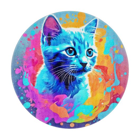 Blauwe Neon Cat in Splatter Snijplank (Voorkant)