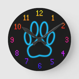 Blauwe Neon Dog Paw-afdrukken met cijfers Ronde Klok
