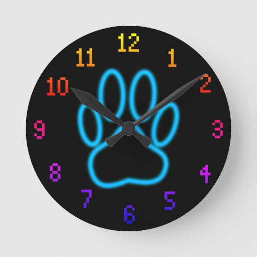 Blauwe Neon Dog Paw-afdrukken met cijfers Ronde Klok (Voorkant)