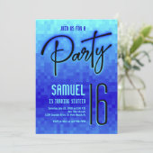 Blauwe Neon Pixel Tiener Verjaardag Kaart (Staand voorkant)