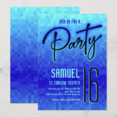 Blauwe Neon Pixel Tiener Verjaardag Kaart (Voorkant / Achterkant)