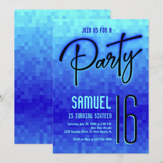 Blauwe Neon Pixel Tiener Verjaardag Kaart (Voorkant / Achterkant)