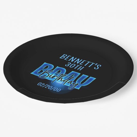 Blauwe neon verjaardag papieren bordje (Gekanteld)