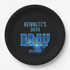 Blauwe neon verjaardag papieren bordje