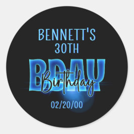 Blauwe neon verjaardag ronde sticker
