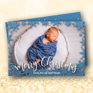 Blauwe nep glinsterende kerstfoto feestdagenkaart