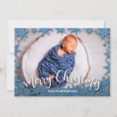 Blauwe nep glinsterende kerstfoto feestdagenkaart (Voorkant)