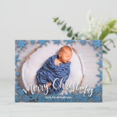 Blauwe nep glinsterende kerstfoto feestdagenkaart (Staand voorkant)