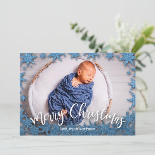 Blauwe nep glinsterende kerstfoto feestdagenkaart (Staand voorkant)