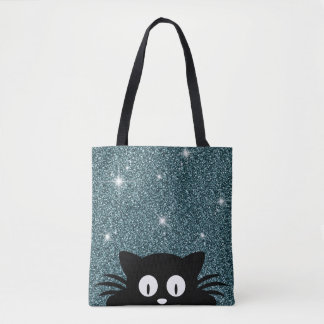 Blauwe Nep Glitter Glans Textuur Met Een kat Tote Bag
