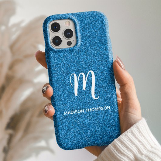 Blauwe Nep Glitter Persoonlijke Monogram Naam Case-Mate iPhone Case