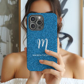 Blauwe Nep Glitter Persoonlijke Monogram Naam Case-Mate iPhone Case