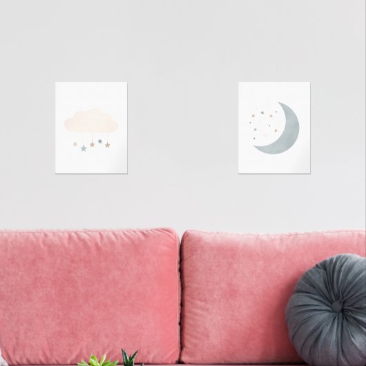 Blauwe Neutrale Cloud en Moon Boy Kinderkamer Deco Muurkunst Sets (Woonkamer)