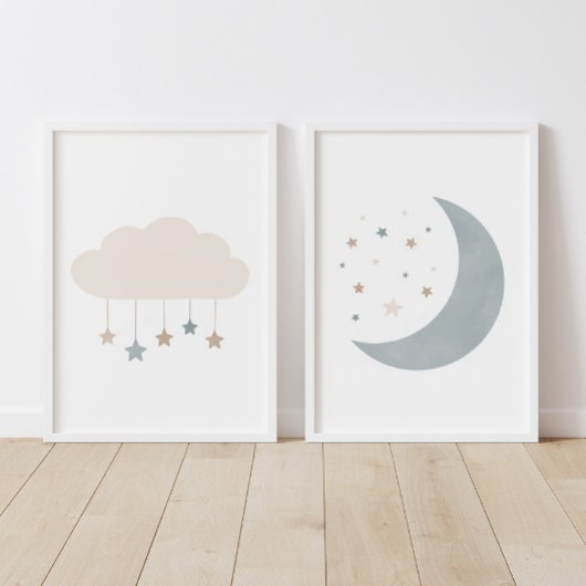 Blauwe Neutrale Cloud en Moon Boy Kinderkamer Deco Muurkunst Sets