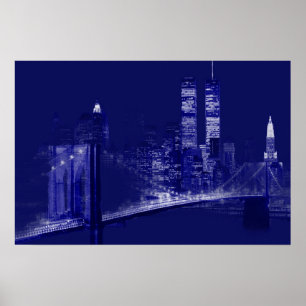 Blauwe New York City Nacht Pop Art Poster