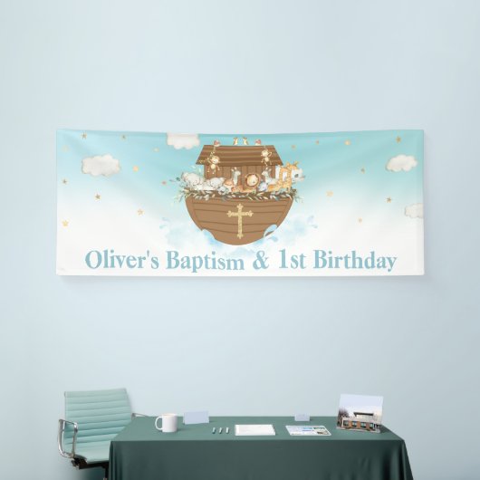 Blauwe Noach's Ark Jongen 1e Verjaardag Doop Achte Spandoek (Beurs)
