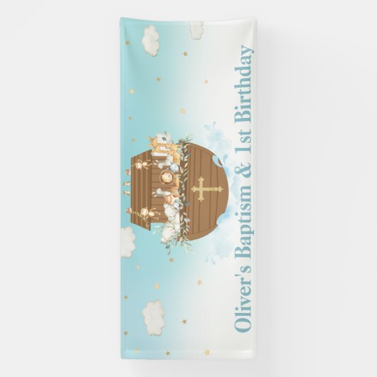 Blauwe Noach's Ark Jongen 1e Verjaardag Doop Achte Spandoek (Verticaal)