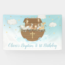Blauwe Noah's Ark Boy 1st Birthday Baptism Backdro Spandoek