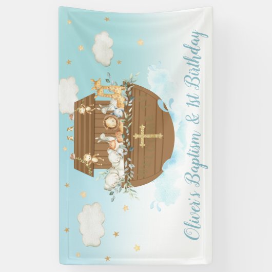 Blauwe Noah's Ark Boy 1st Birthday Baptism Backdro Spandoek (Verticaal)