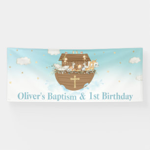 Blauwe Noah's Ark Boy 1st Birthday Baptism Backdro Spandoek