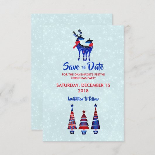 Blauwe Noordse kerstrenrendierpaar sparen de datum Kaart (Voorkant / Achterkant)