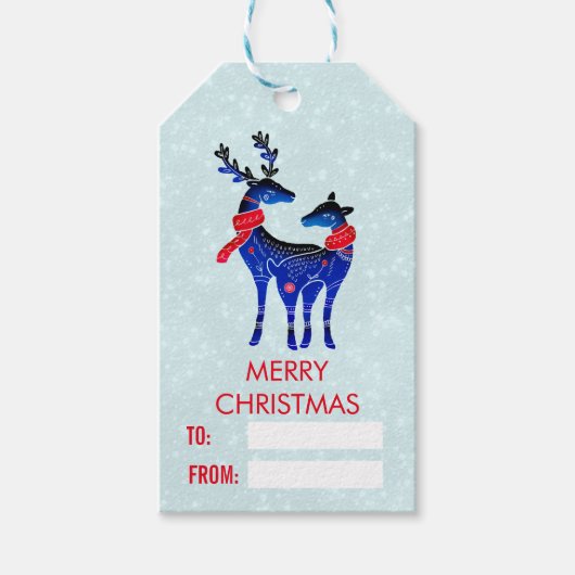 Blauwe Noordse kerstrenrenrennen Cadeaulabel (Voorkant)