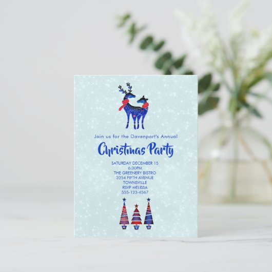 Blauwe Nordic Christmas rendier paar uitnodiging (Staand voorkant)
