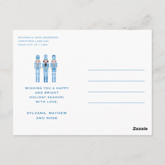 BLAUWE NOTENKRAKERS MET FOTO KERSTBERICHTEN BRIEFKAART (Achterkant)