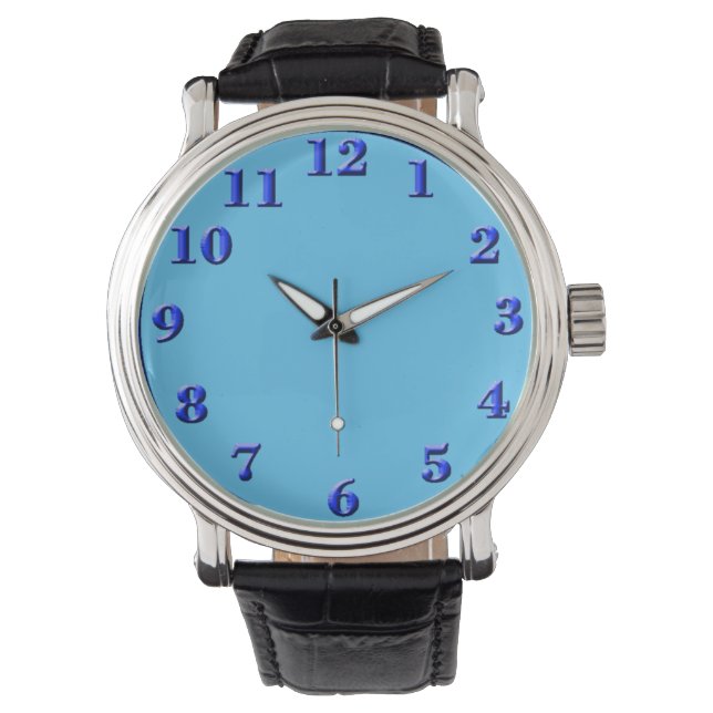 Blauwe nummers zwart  leder horloge (Voorkant)