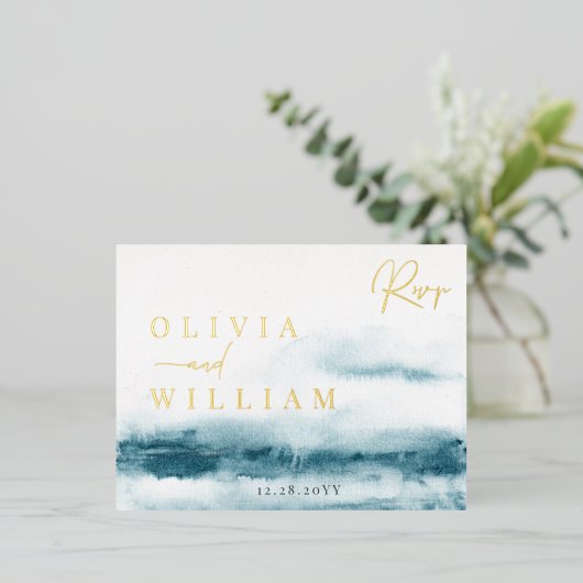 Blauwe Oceaaan Bruiloft RSVP Folie Postkaart Folie Uitnodiging Briefkaart (Staand Voorkant)