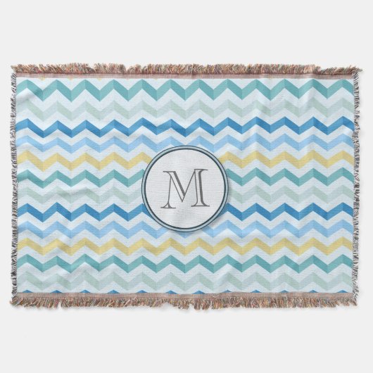 Blauwe Oceaan Chevron Stripes w/ Round Monogram Deken (Voorkant)