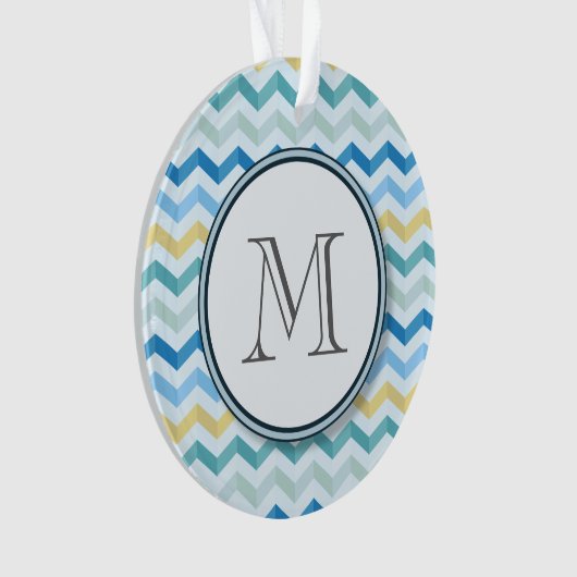 Blauwe Oceaan Chevron Stripes w/ Round Monogram Ornament (voorkant)