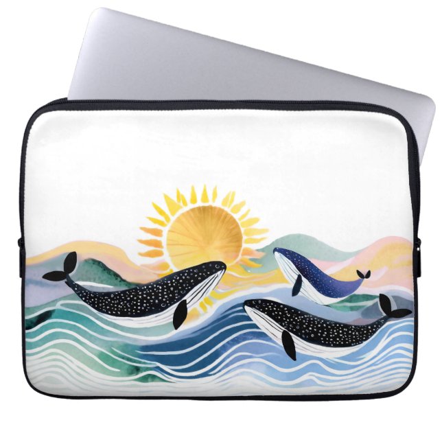 Blauwe Oceaan & Gelukkige Walvissen Laptop Sleeve (Voorkant)