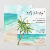 Blauwe oceaan golf strand kokosnoot boom Uitnodigi Kaart (Voorkant / Achterkant)