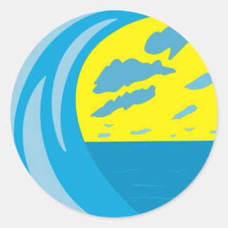 Blauwe oceaan golf wolken gele hemel ronde sticker