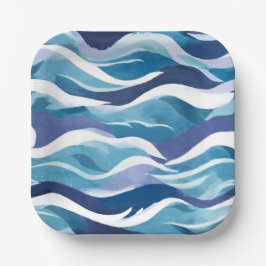Blauwe Oceaan Golven | Modern Minimalistisch Aquar Papieren Bordje