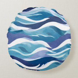 Blauwe Oceaan Golven | Modern Minimalistisch Aquar Rond Kussen