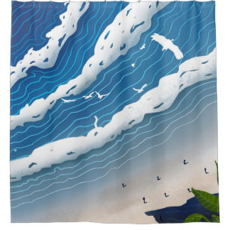 Blauwe Oceaan Golven Muurkunst 🌊 Minimaal Kusthem Douchegordijn