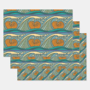 Blauwe Oceaan Golven Nautilus Schelp Art Nouveau Inpakpapier Vel
