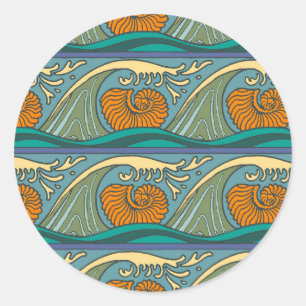Blauwe Oceaan Golven Nautilus Schelp Art Nouveau Ronde Sticker