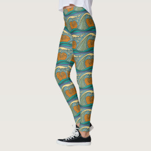 Blauwe Oceaan Golven Nautilus Schelp Patroon Nouve Leggings
