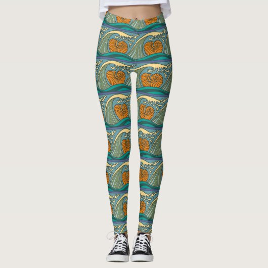 Blauwe Oceaan Golven Nautilus Schelp Patroon Nouve Leggings (Voorkant)