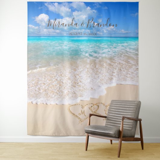 Blauwe oceaan golven tropische strand bruiloft ach wandkleed (In situ)