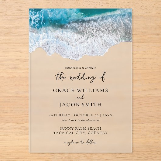 Blauwe oceaan golven tropische strand bruiloft acryl uitnodigingen (Voorkant)