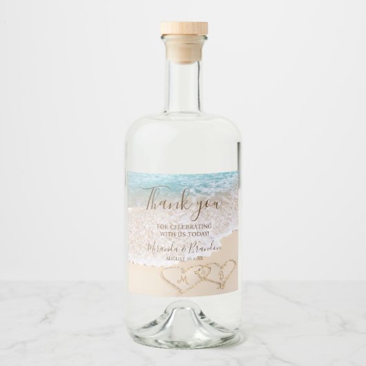 Blauwe oceaan golven tropische strand bruiloft likeurfles etiket (Voorkant)