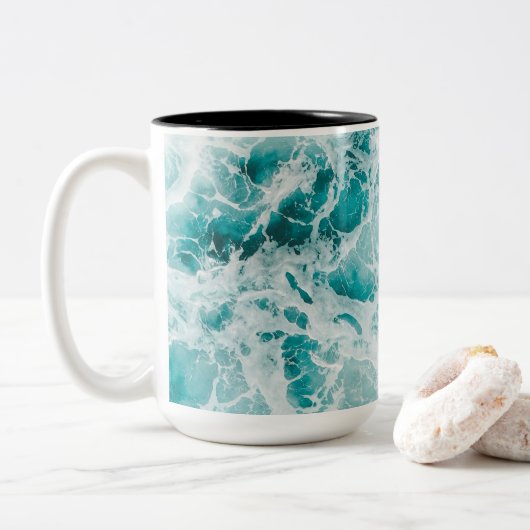 Blauwe Oceaan golven Tweekleurige Koffiemok (Met donut)