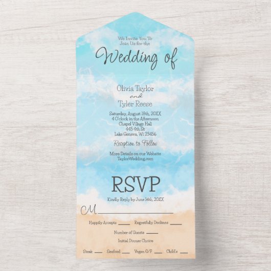 blauwe oceaan kust bruiloft all in one uitnodiging (Binnen)