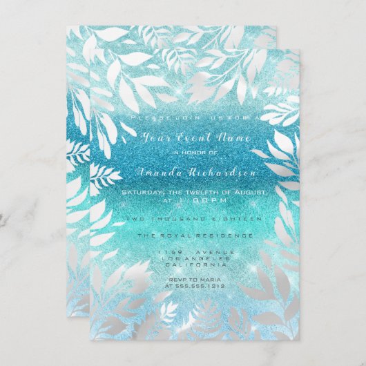 Blauwe Oceaan Lucht Glitter Ombre Bloem Bladmetaal Kaart (Voorkant / Achterkant)